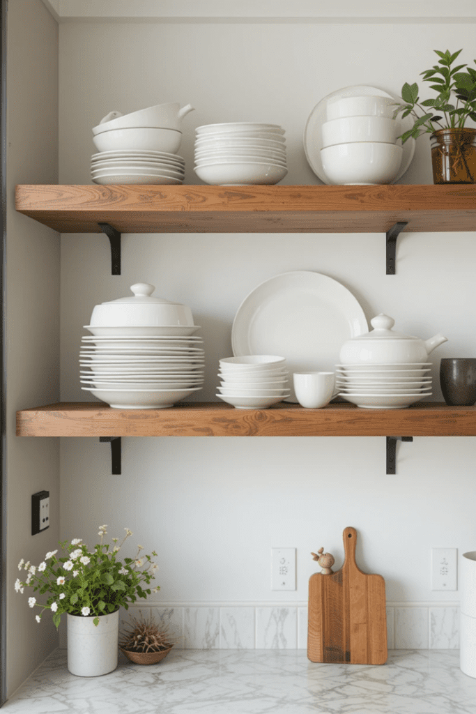 A farmhouse kitchen with open wooden shelves displaying dishware and decor.