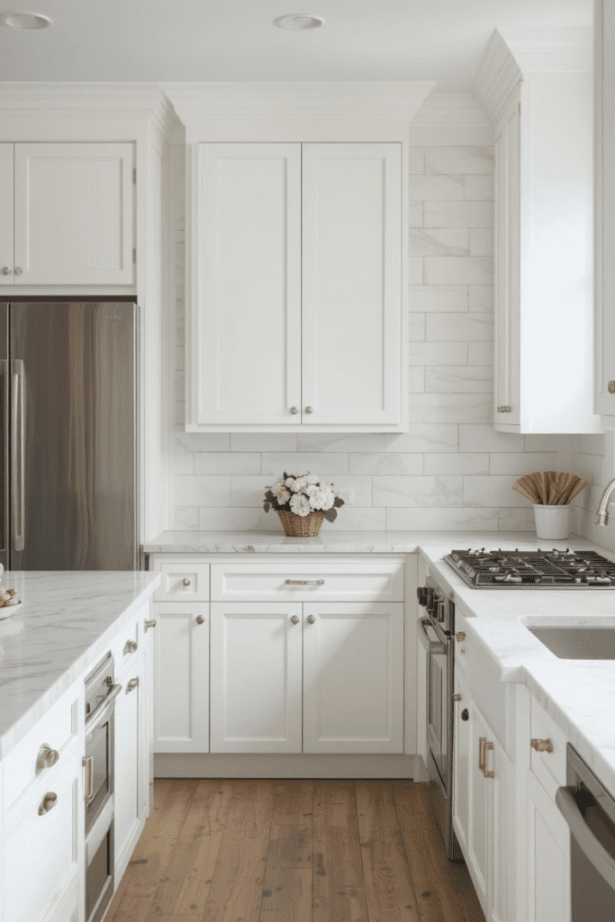 A kitchen with white shiplap walls, enhancing the farmhouse style with texture.