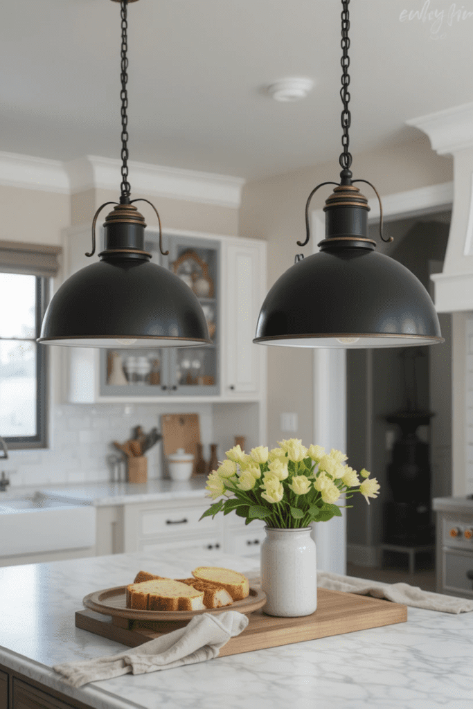 A kitchen with black pendant lights over the island, creating a statement feature.