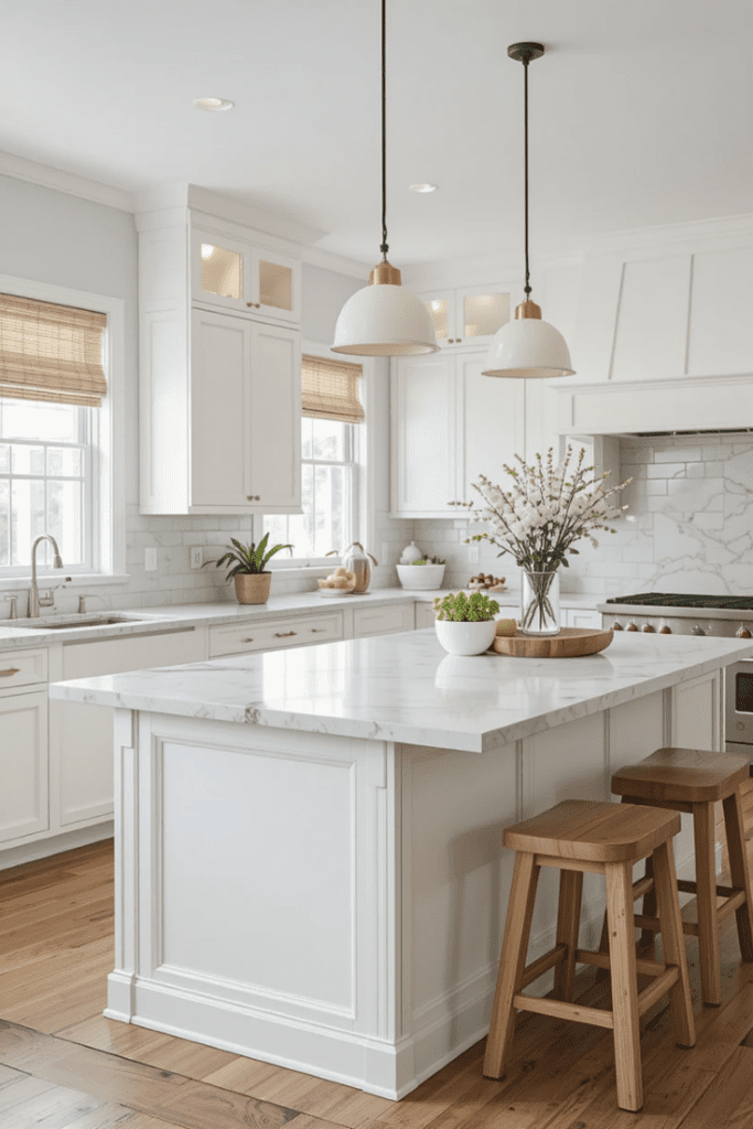 A farmhouse kitchen with a large island for extra workspace and seating.