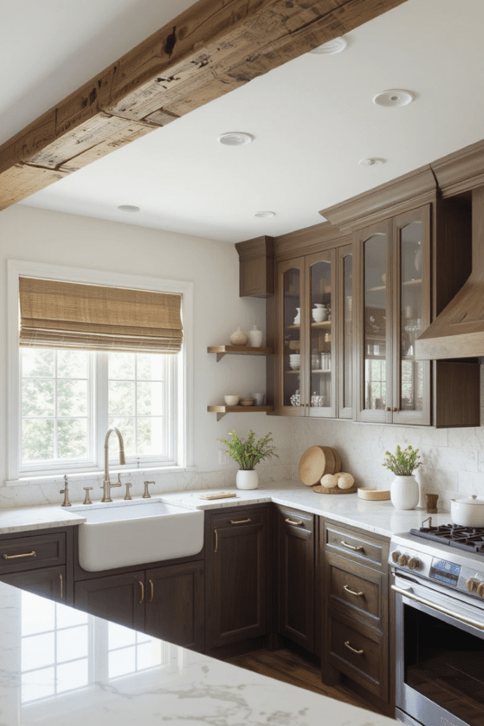 A farmhouse kitchen featuring reclaimed wood accents for rustic charm.