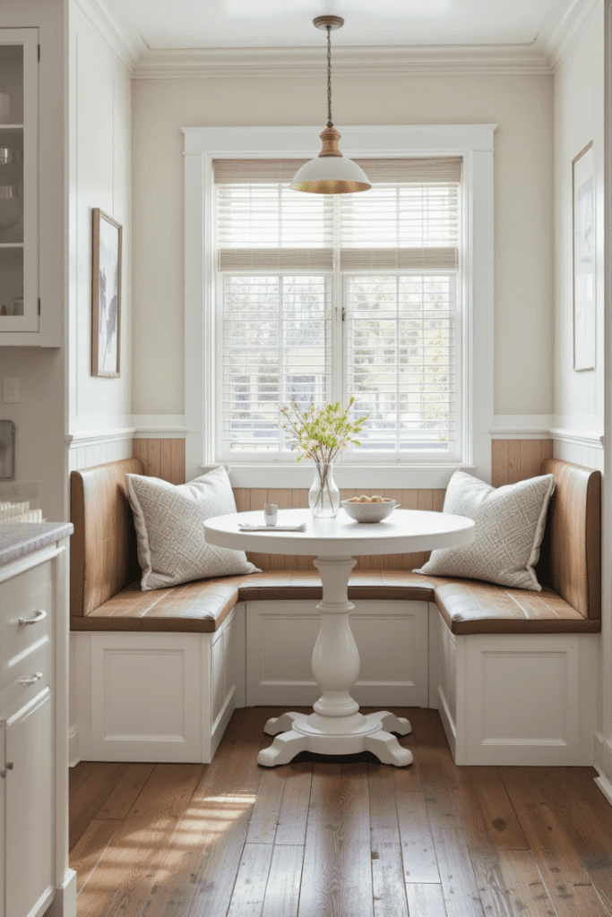 A farmhouse kitchen with a cozy breakfast nook featuring a wooden bench and table.