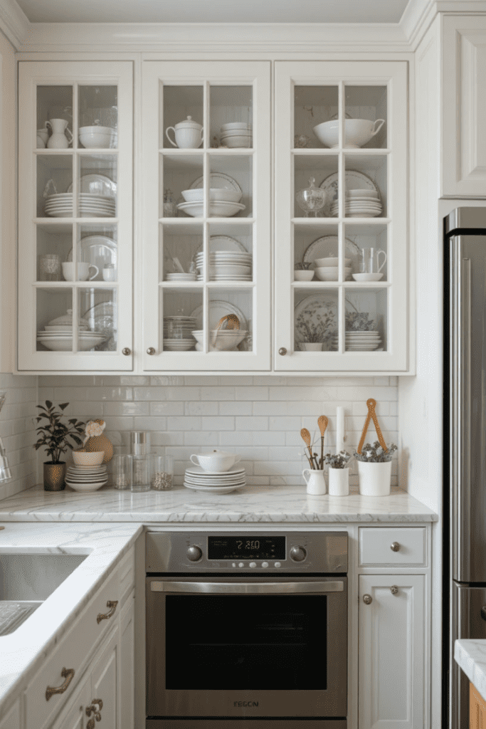 A farmhouse kitchen with glass-front cabinets for a light and airy look.