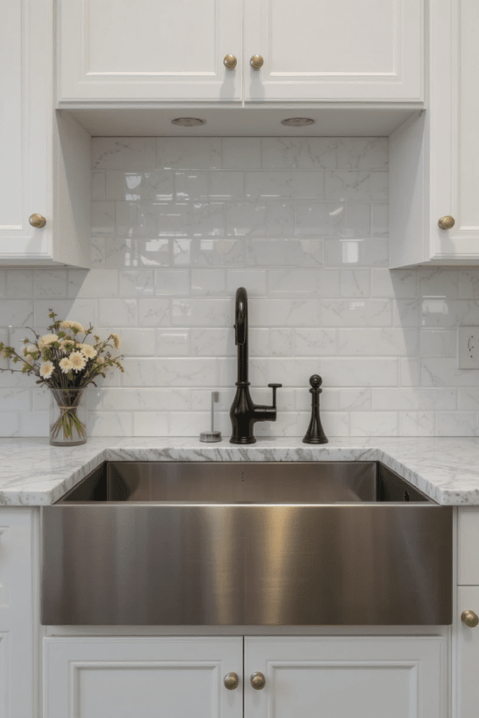 A modern farmhouse kitchen with mixed metal finishes for depth and contrast.