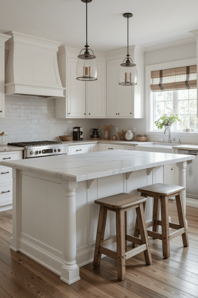 A farmhouse kitchen with rustic wooden stools for a cozy and casual seating area.