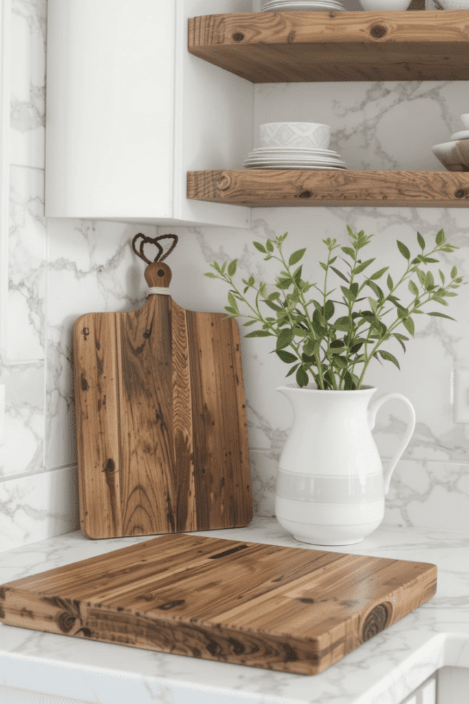 A kitchen with simple farmhouse decor, including wooden accents and fresh greenery.