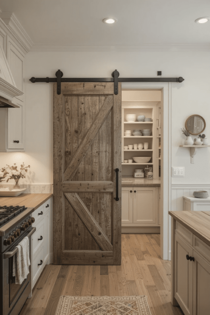 A kitchen with a rustic sliding barn door adding a farmhouse touch.