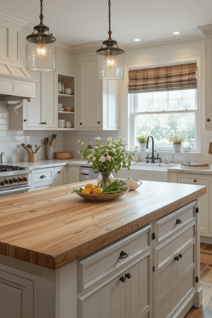 A kitchen featuring a butcher block countertop for warmth and natural texture.