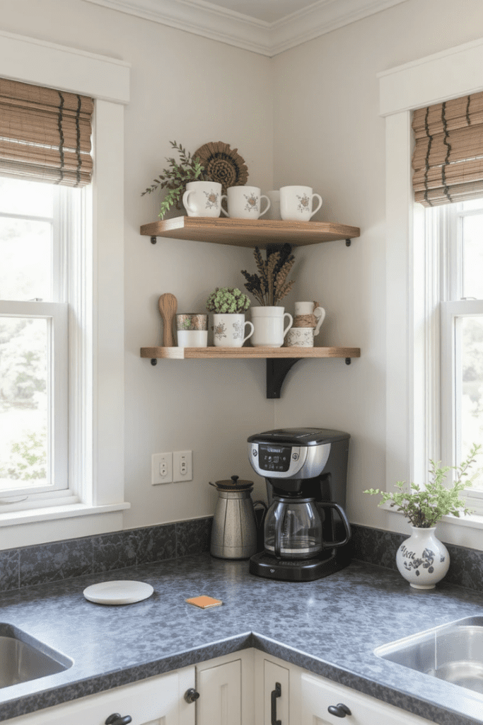 A cozy kitchen coffee station with a simple shelf and coffee essentials.