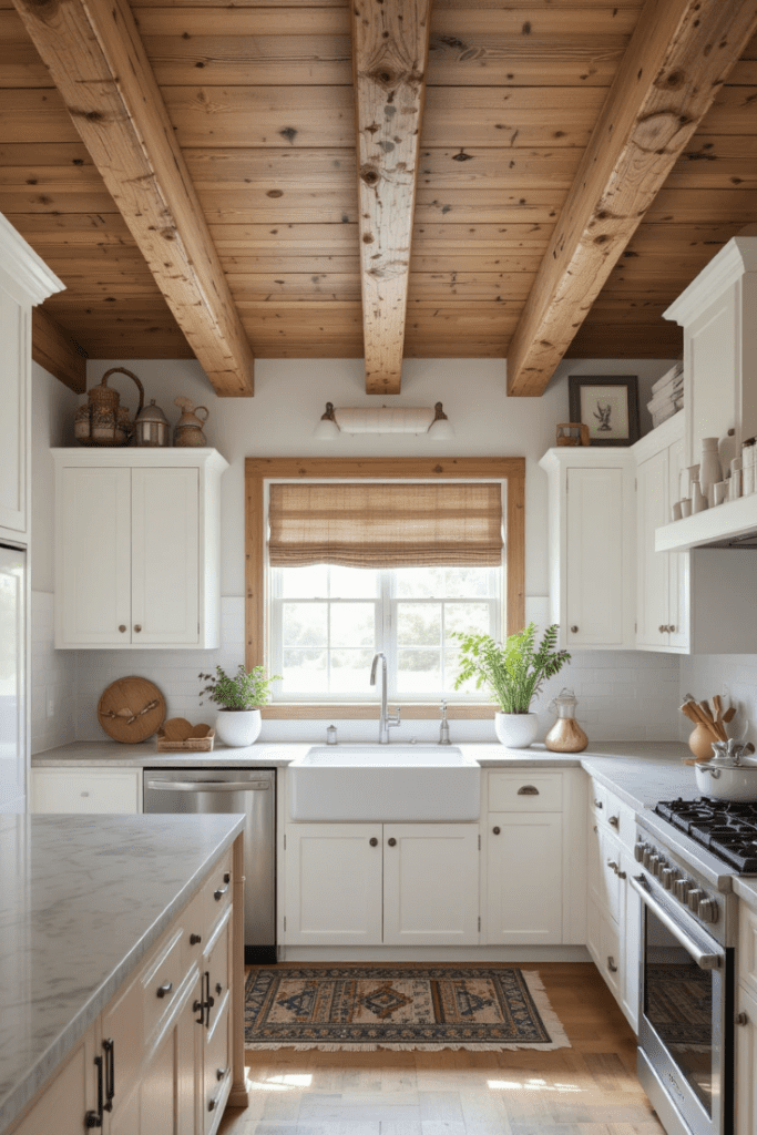 A kitchen with exposed wooden beams for a rustic farmhouse feel.