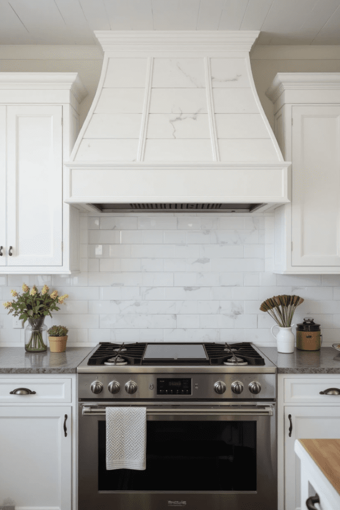 A kitchen with a farmhouse-style range hood as a subtle design element.