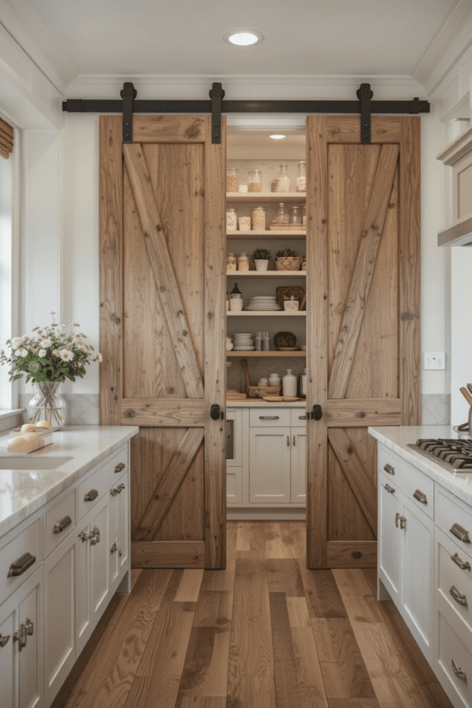 A kitchen with a barn-door pantry for extra storage and farmhouse charm.