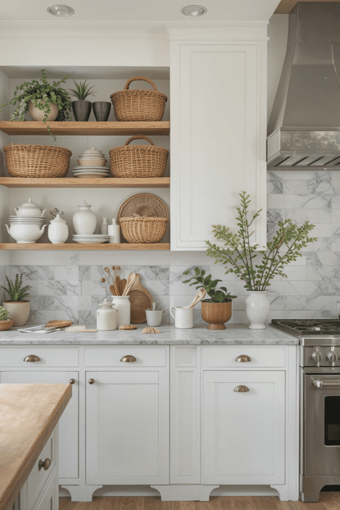 A kitchen using woven baskets for stylish and functional storage.