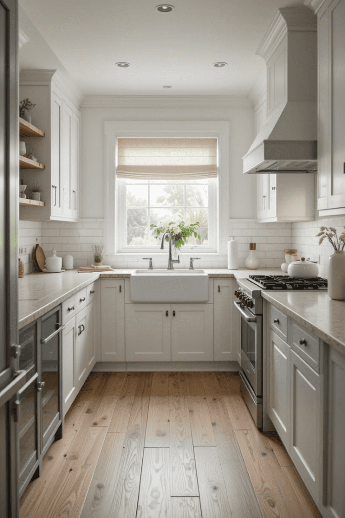 A kitchen with farmhouse-style wood flooring for a natural look.