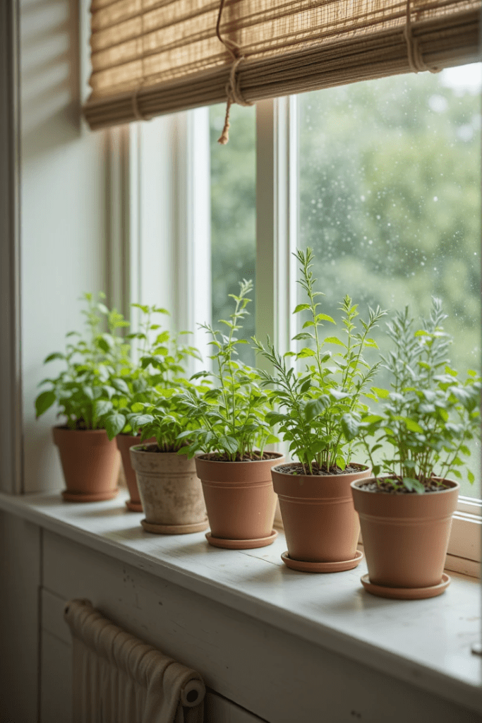 A kitchen with fresh herbs and flowers adding a natural touch.