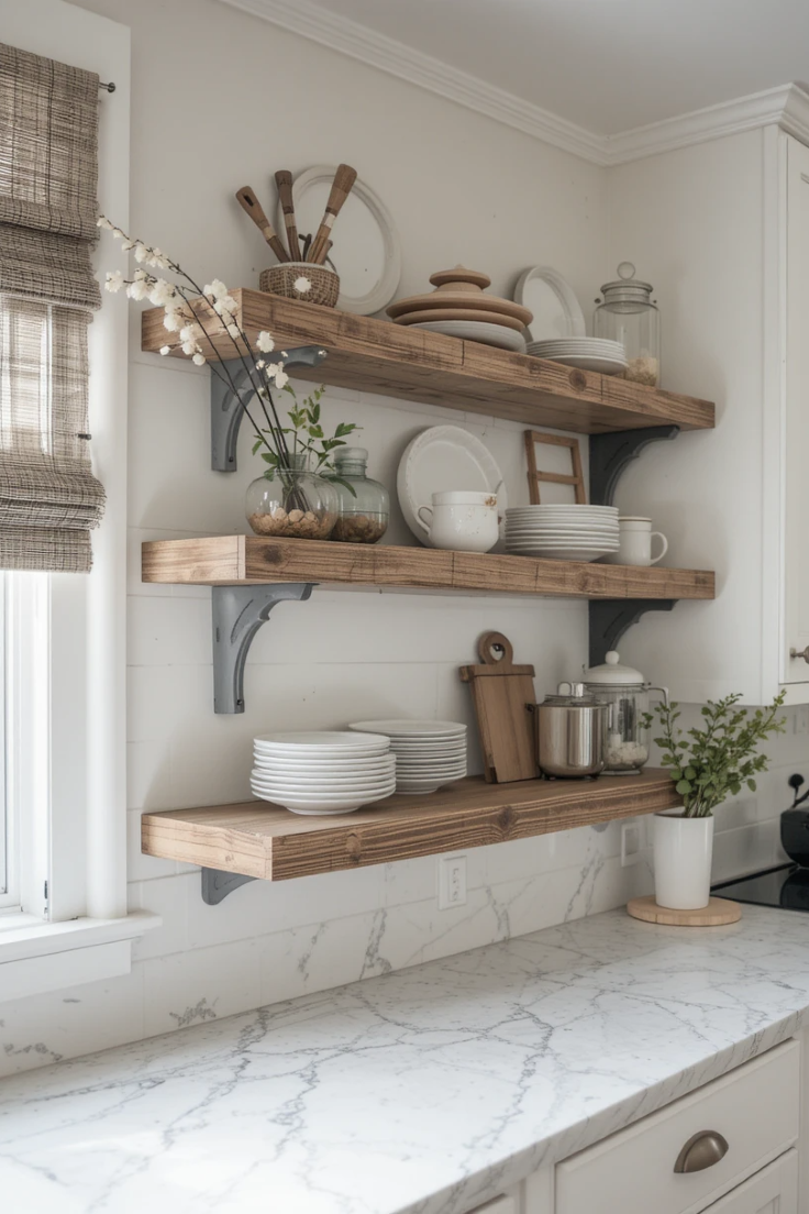 A kitchen with reclaimed wood shelves for functional storage and warmth.