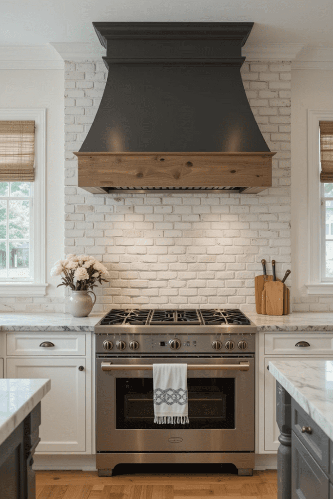 A kitchen with a brick accent wall adding texture and depth.