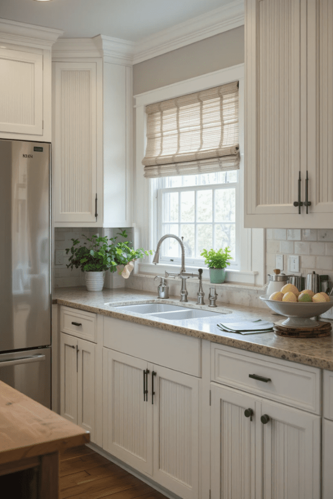 A kitchen featuring beaded cabinet doors for a classic farmhouse touch.