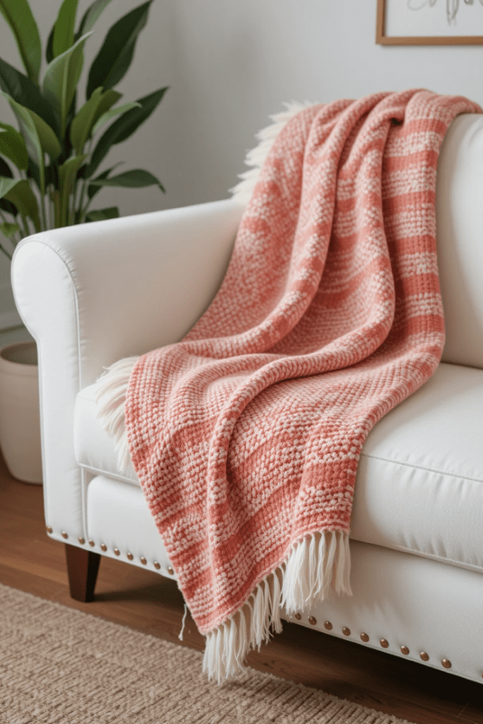 A white sofa with a coral throw blanket, creating a cozy and stylish seating area.