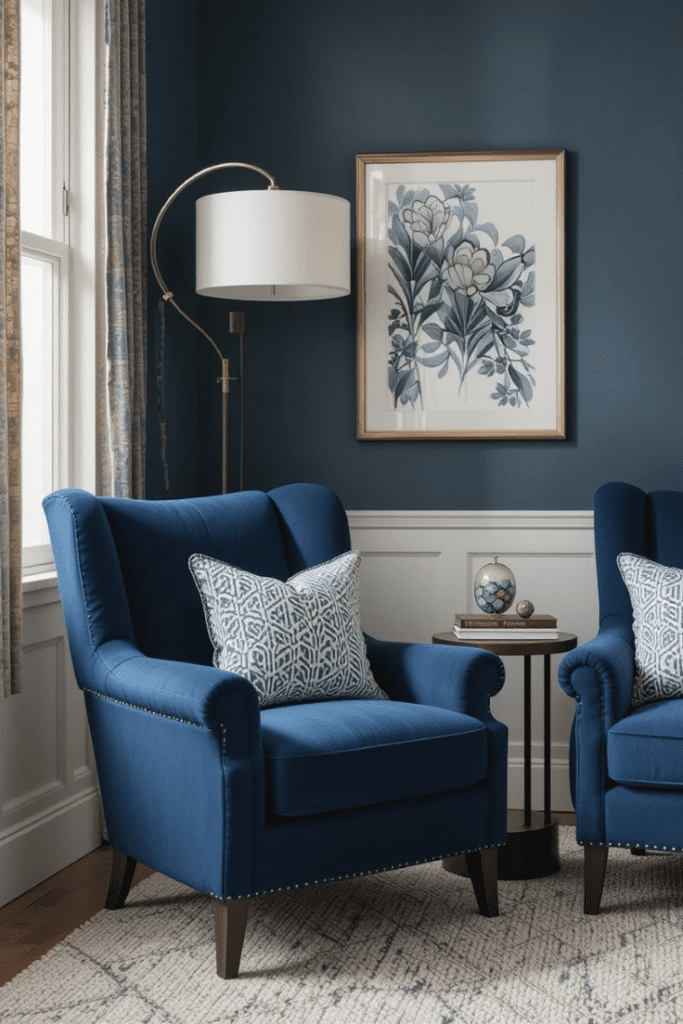 A pair of navy blue accent chairs in a stylish living room, offering a refined touch.