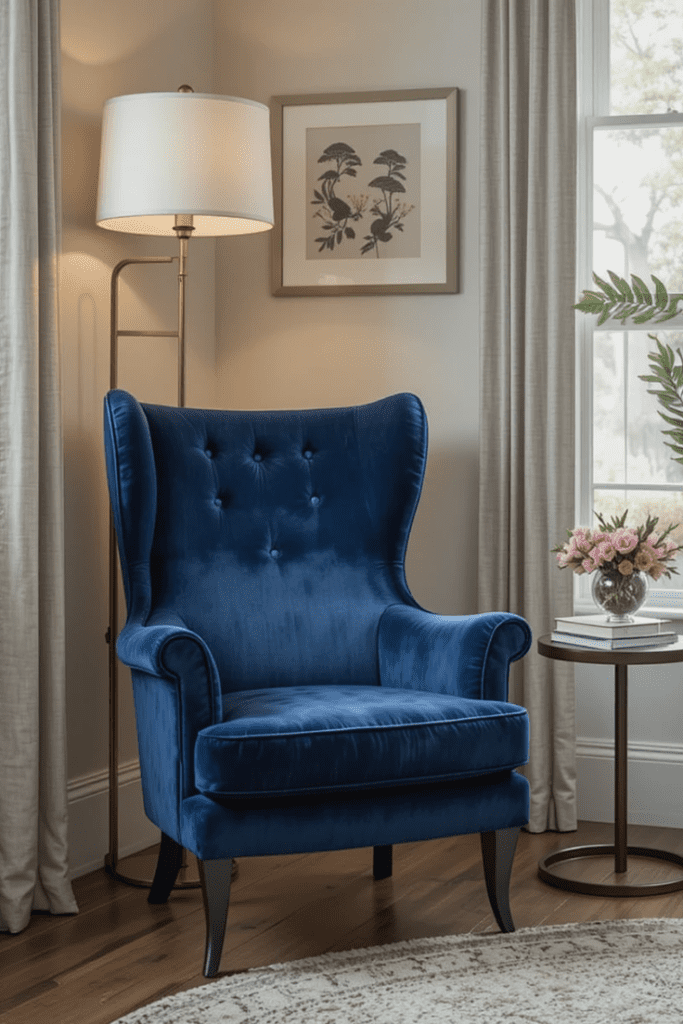 A navy blue velvet accent chair in a reading nook, styled with a soft throw and a lamp.