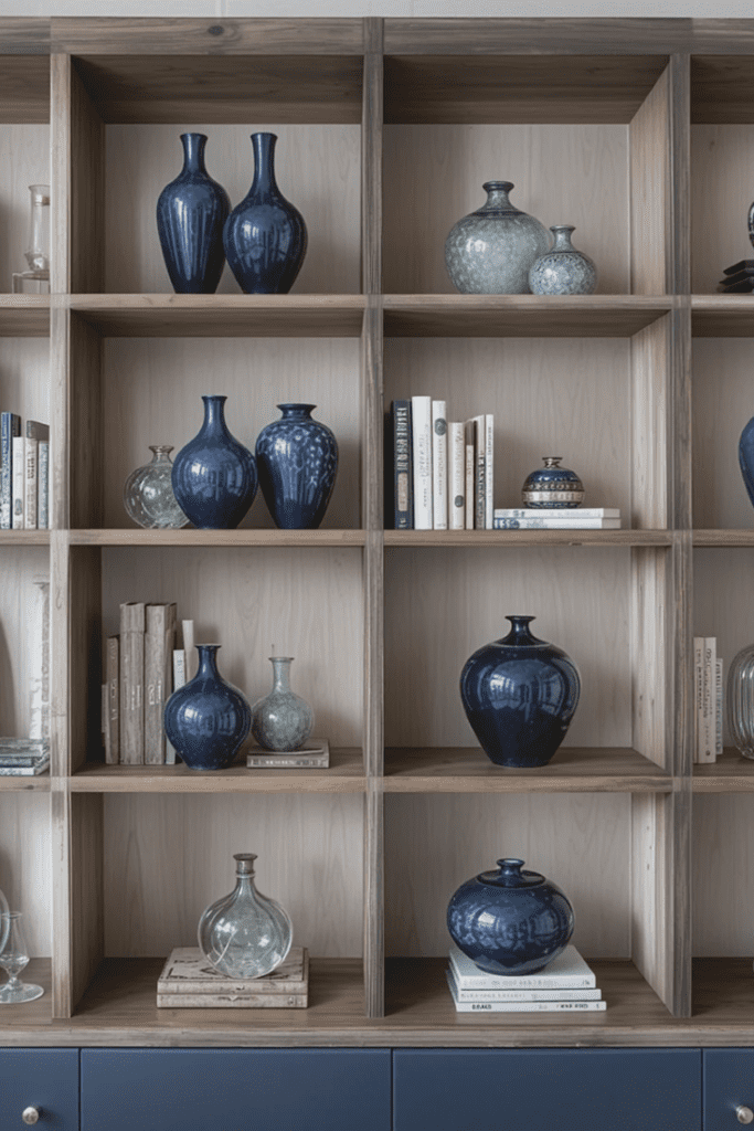 Open shelving with navy blue vases, adding a stylish pop of color.