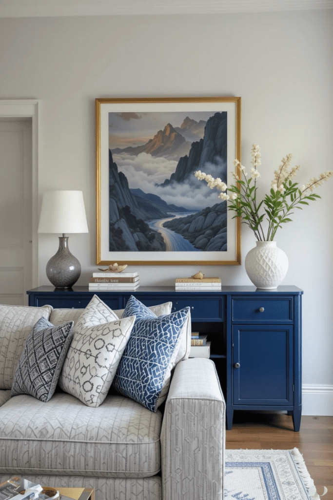 A navy blue console table with decorative elements, creating a chic and functional entryway.