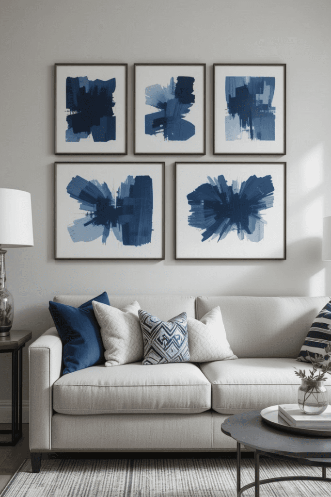 A collection of navy blue abstract prints displayed above a sofa in a stylish living room.