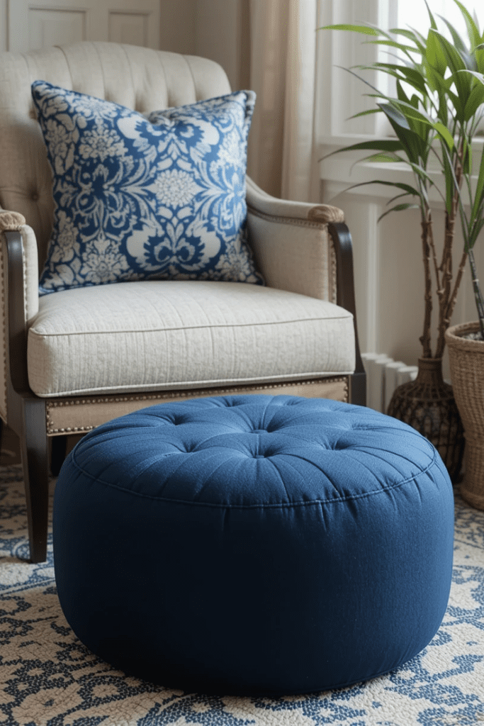 A stylish navy blue pouf in a cozy living room corner, used for extra seating.