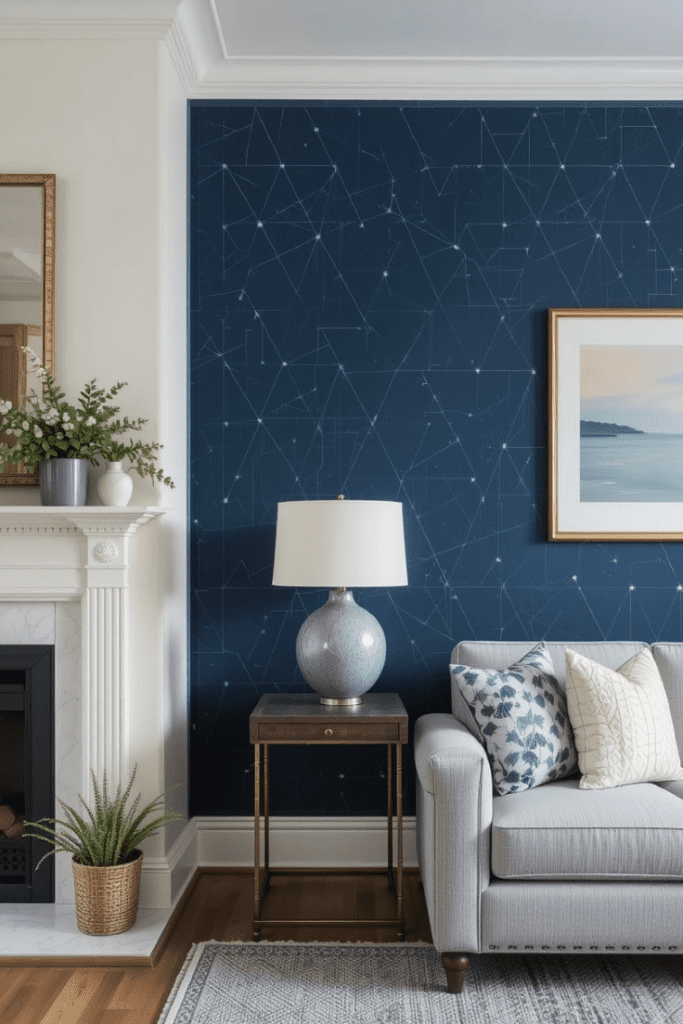 A navy blue wallpapered accent wall adding texture and depth to a sophisticated living room.