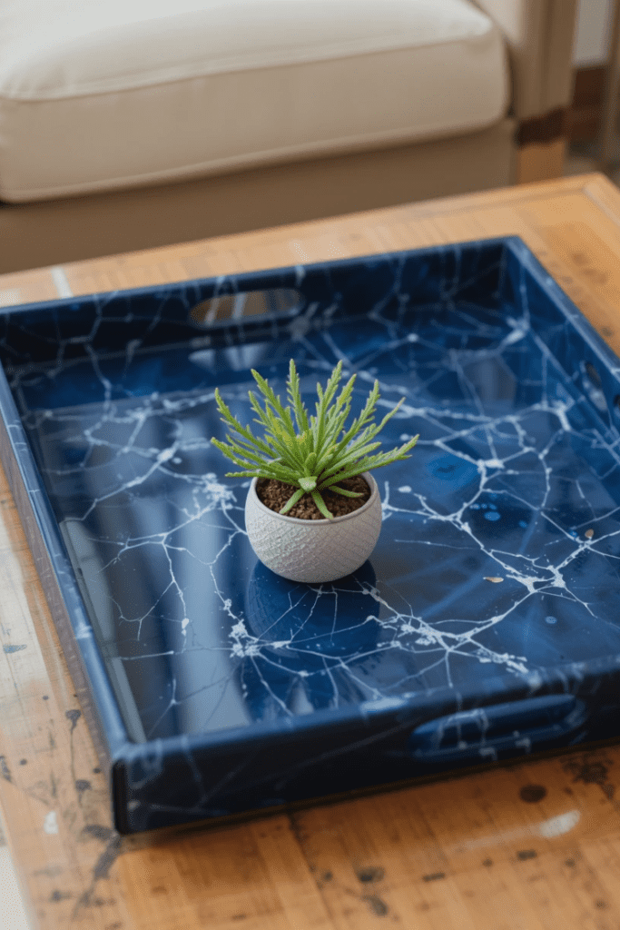 A navy blue decorative tray on a coffee table, adding elegance and function to the space.