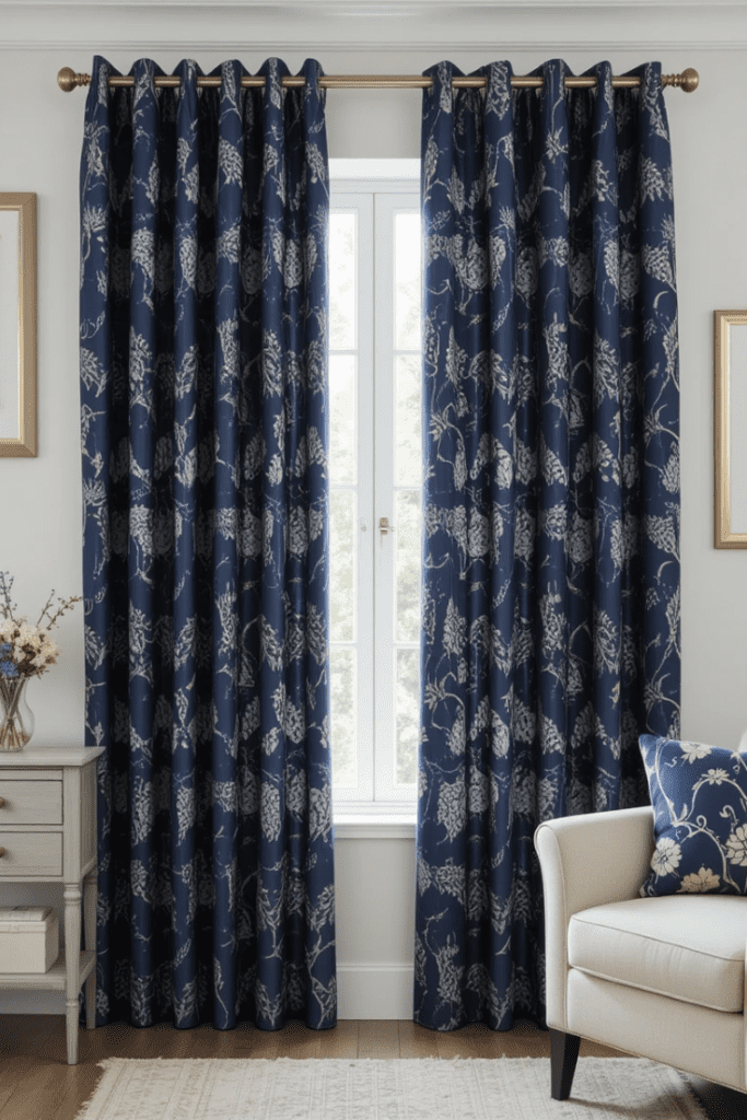 Patterned navy blue curtains adding elegance and texture to a stylish living room.