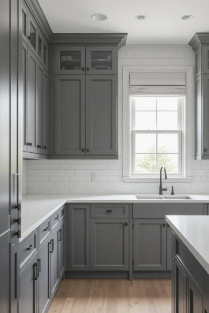 Kitchen with gray Shaker cabinets, offering a clean and versatile design that blends tradition with modern color.