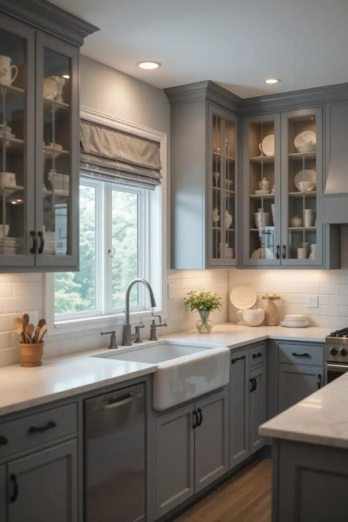 Modern gray kitchen with glass-front cabinets that break up solid cabinetry and showcase curated dishware, adding lightness to the design.