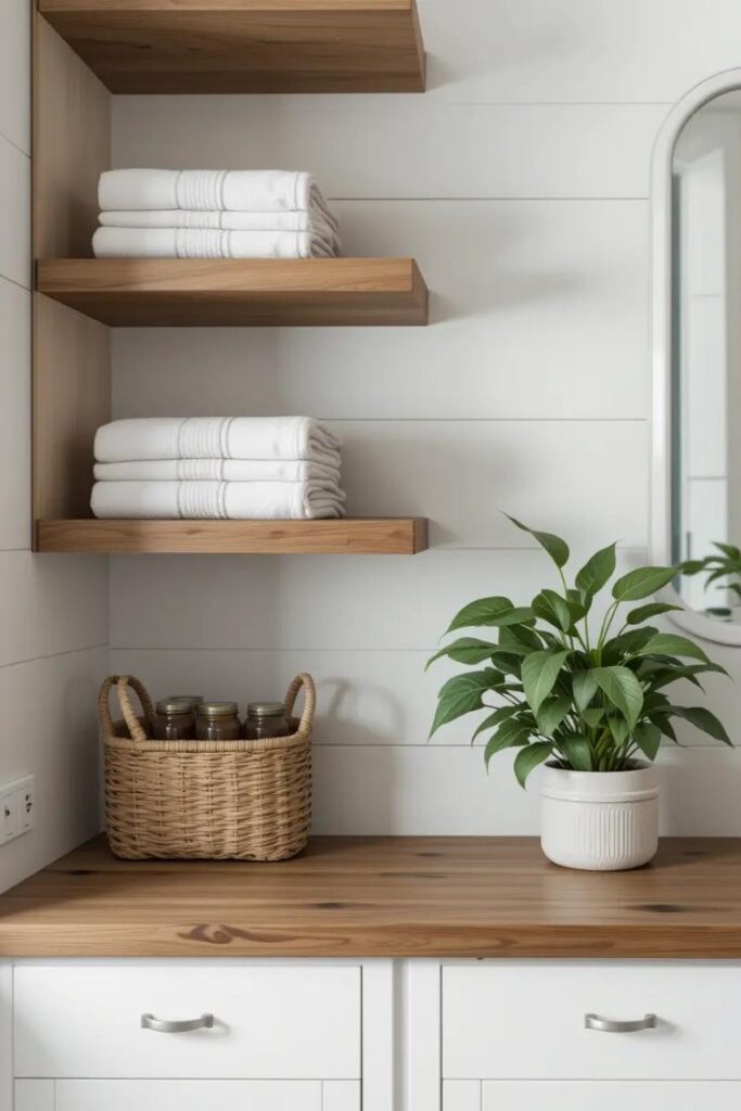 Open wood shelves with baskets and linens in a neutral farmhouse bathroom.
