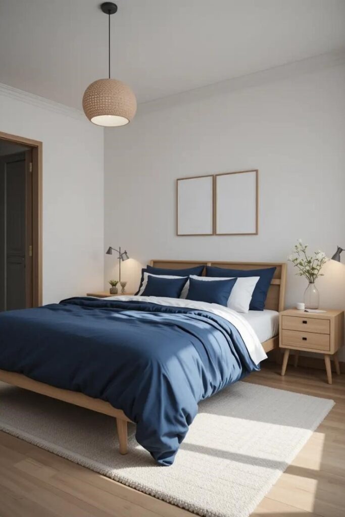Scandinavian-inspired navy blue bedroom with light wood furniture and minimalist decor.