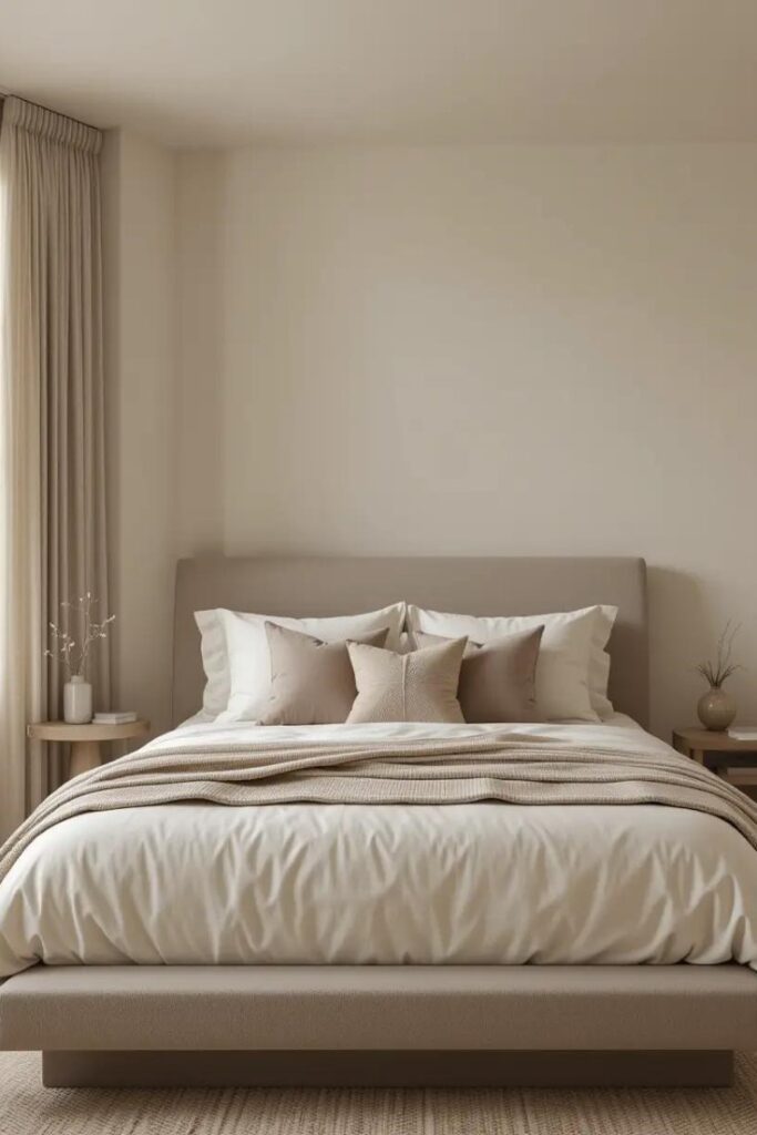 Minimal bedroom with layered neutral tones in beige, cream, oatmeal, and taupe for a warm, cohesive look.