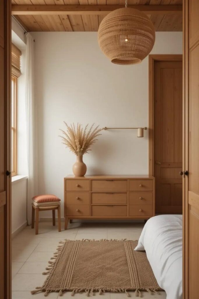 Neutral bedroom with natural materials like wood, rattan, jute, and clay for a grounded, organic feel.