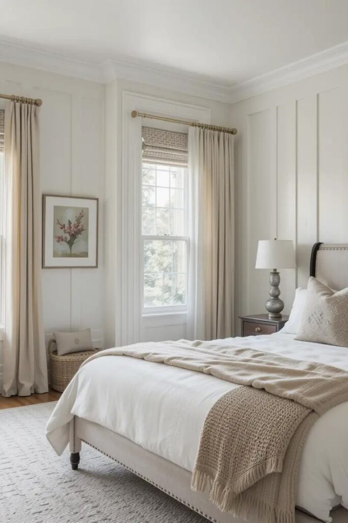 Bedroom with neutral palette and architectural accents like molding and paneling to enhance character.