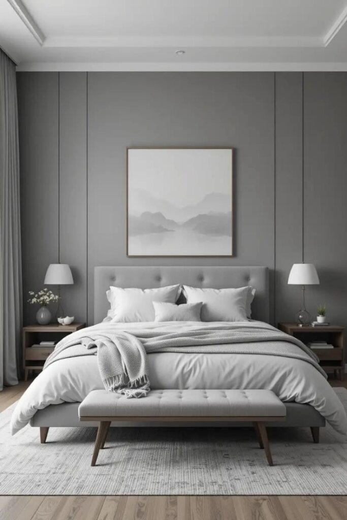 Monochromatic neutral bedroom using different shades of gray for a clean and cohesive design.