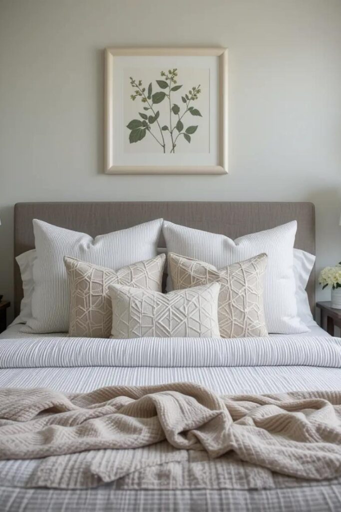 Neutral bedroom with subtle patterns including stripes and botanical prints to add quiet visual interest.