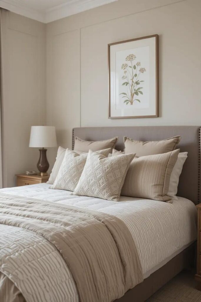 Neutral bedroom blending warm and cool tones to create a balanced and inviting atmosphere.