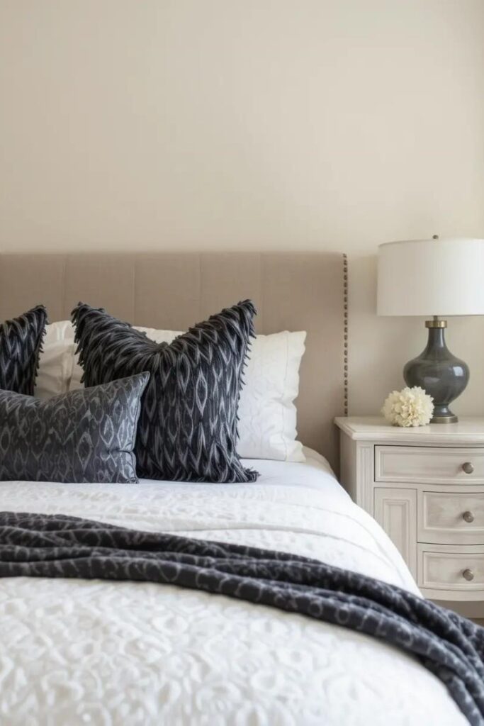 Neutral room with contrast through black accents and dark elements for definition and depth.
