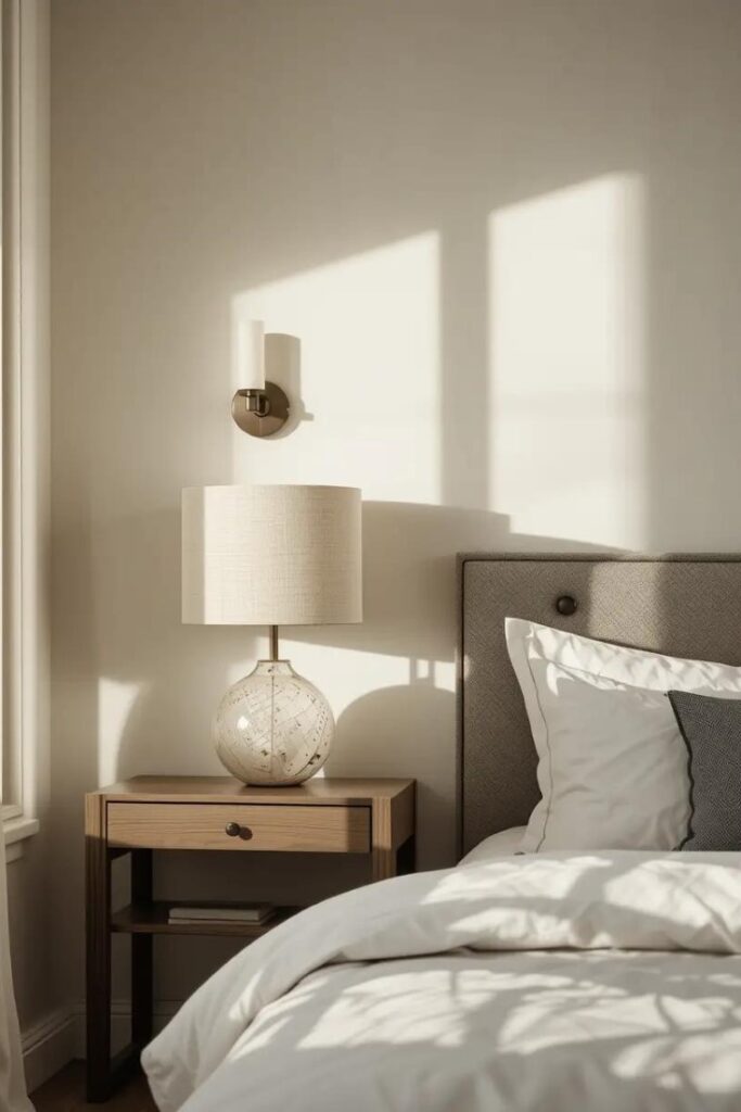 Softly lit neutral bedroom with warm lighting from lamps and sconces to enhance coziness.