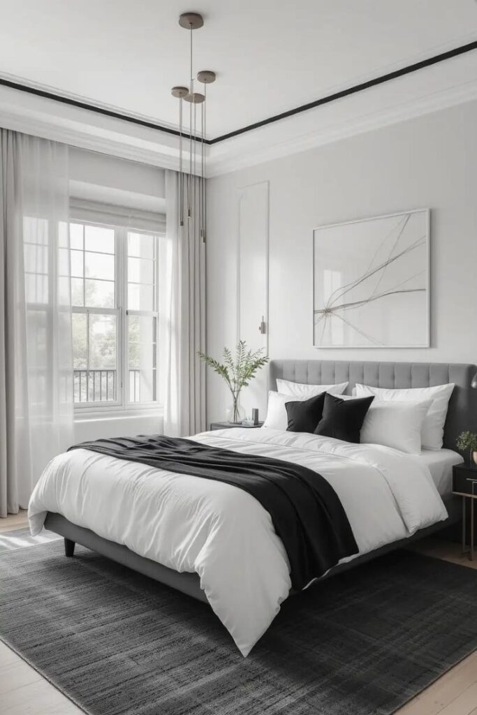 Light neutral bedroom with minimal black accents to ground the space and add contrast.