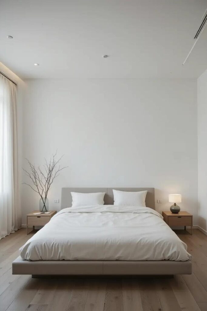 Minimalist bedroom with neutral tones, simple furniture, and a clutter-free design.