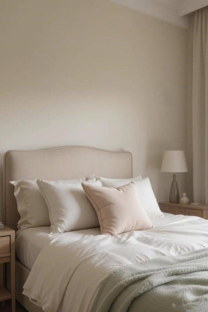 Neutral bedroom with soft color accents like sage and blush to add gentle personality.