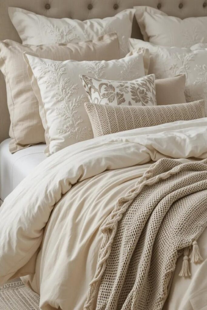 Cozy bed with quality bedding in neutral tones and layered textures for a luxurious look.