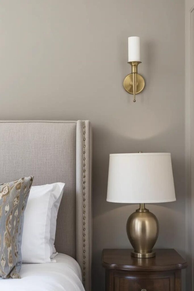 Neutral bedroom with metallic accents like brass lighting to introduce subtle shine and contrast.
