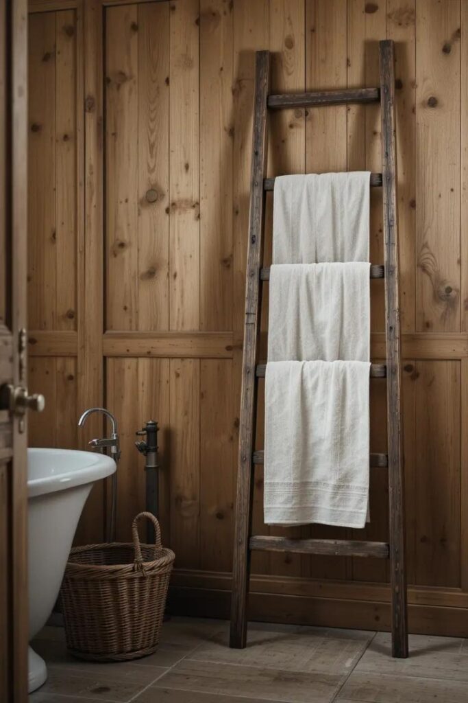 Rustic bathroom scene with a vintage wooden ladder 